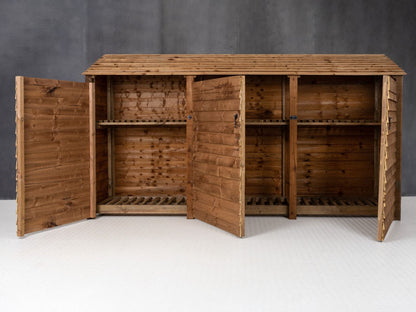 Wooden Log Store with Doors and Shelf W-335cm, H-126cm or 180cm, D-88cm - Brown Finish