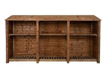 Wooden Log Store with Shelf W-335cm, H-126cm or 180cm, D-88cm - Brown Finish