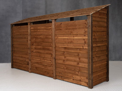 Wooden Garden Tool Storage (Roof Sloping Back) with Shelf W-335cm, H-126cm or 180cm, D-88cm - Brown Finish