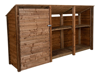 Wooden Garden Tool Storage (Roof Sloping Back) with Shelf W-335cm, H-126cm or 180cm, D-88cm - Brown Finish