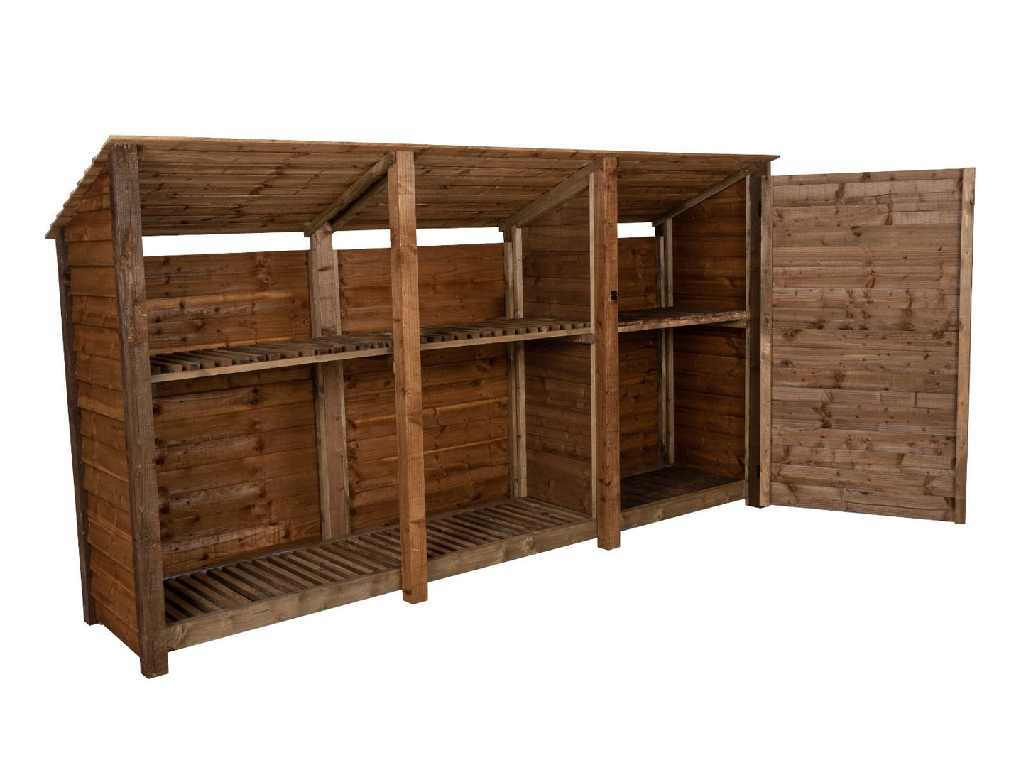 Wooden Garden Tool Storage (Roof Sloping Back) with Shelf W-335cm, H-126cm or 180cm, D-88cm - Brown Finish