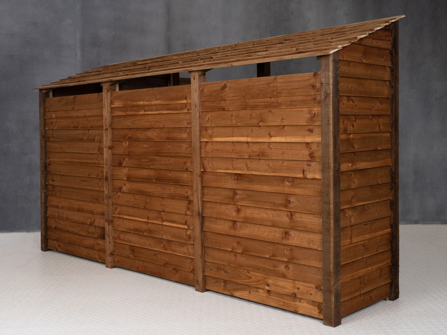 Wooden Log Store (Roof Sloping Back) with Doors and Shelf W-335cm, H-126cm or 180cm, D-88cm - Brown Finish