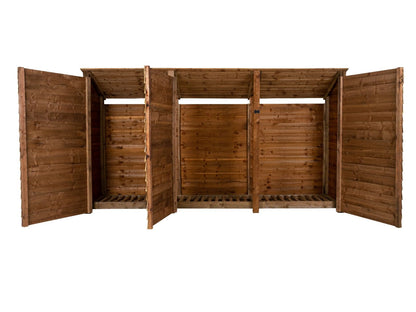 Wooden Log Store (Roof Sloping Back) with Doors W-335cm, H-126cm or 180cm, D-88cm - Brown Finish