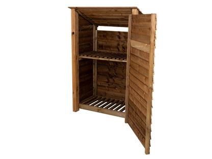 Wooden Log Store (Roof Sloping Back) with Door and Shelf W-119cm, H-126cm or 180cm, D-88cm - Brown Finish