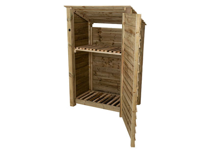 Wooden Log Store (Roof Sloping Back) with Door and Shelf W-119cm, H-126cm Or 180cm, D-88cm
