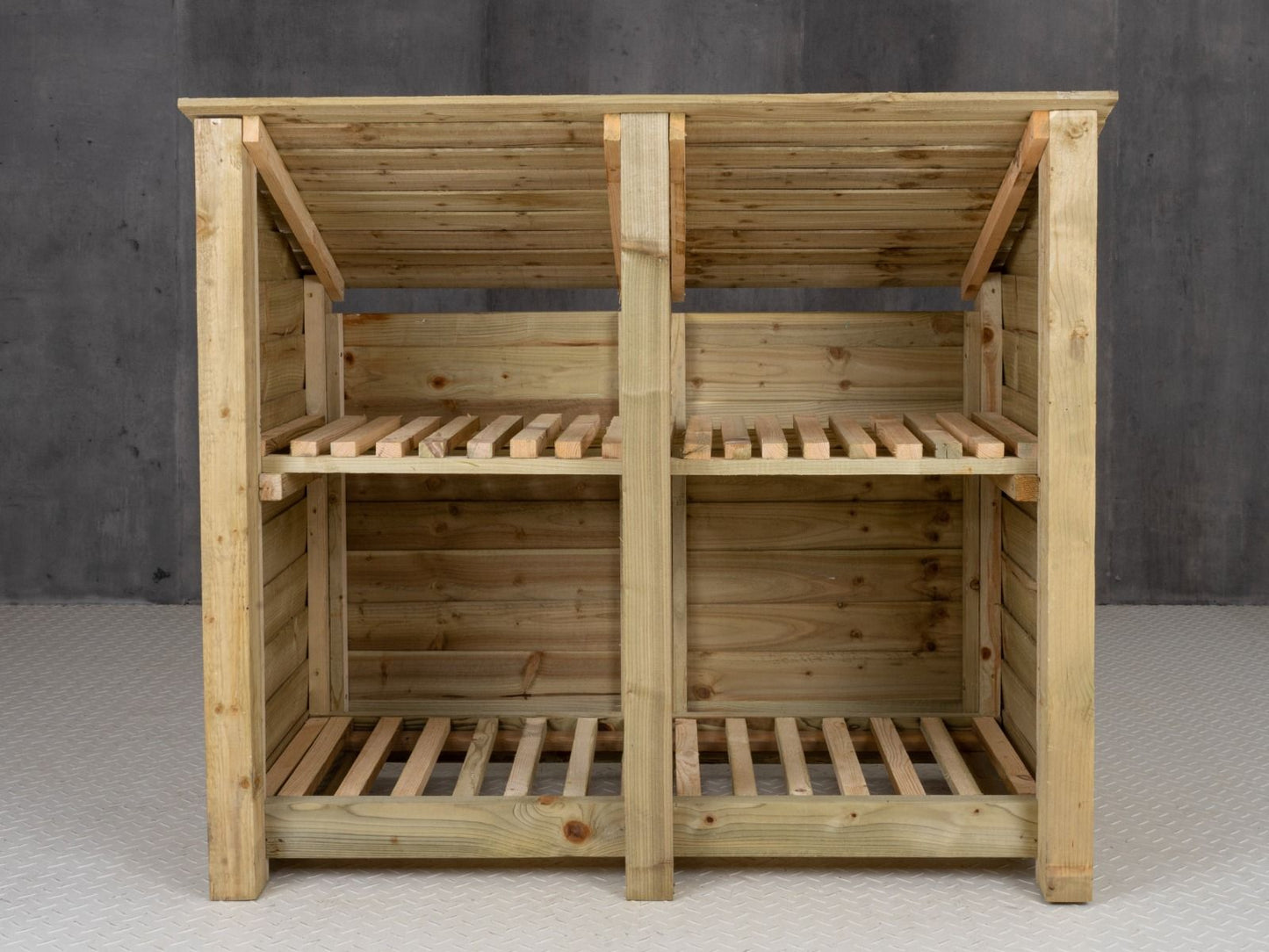 Wooden Log Store (Roof Sloping Back) with Shelf W-146cm, H-126cm or 180cm, D-88cm