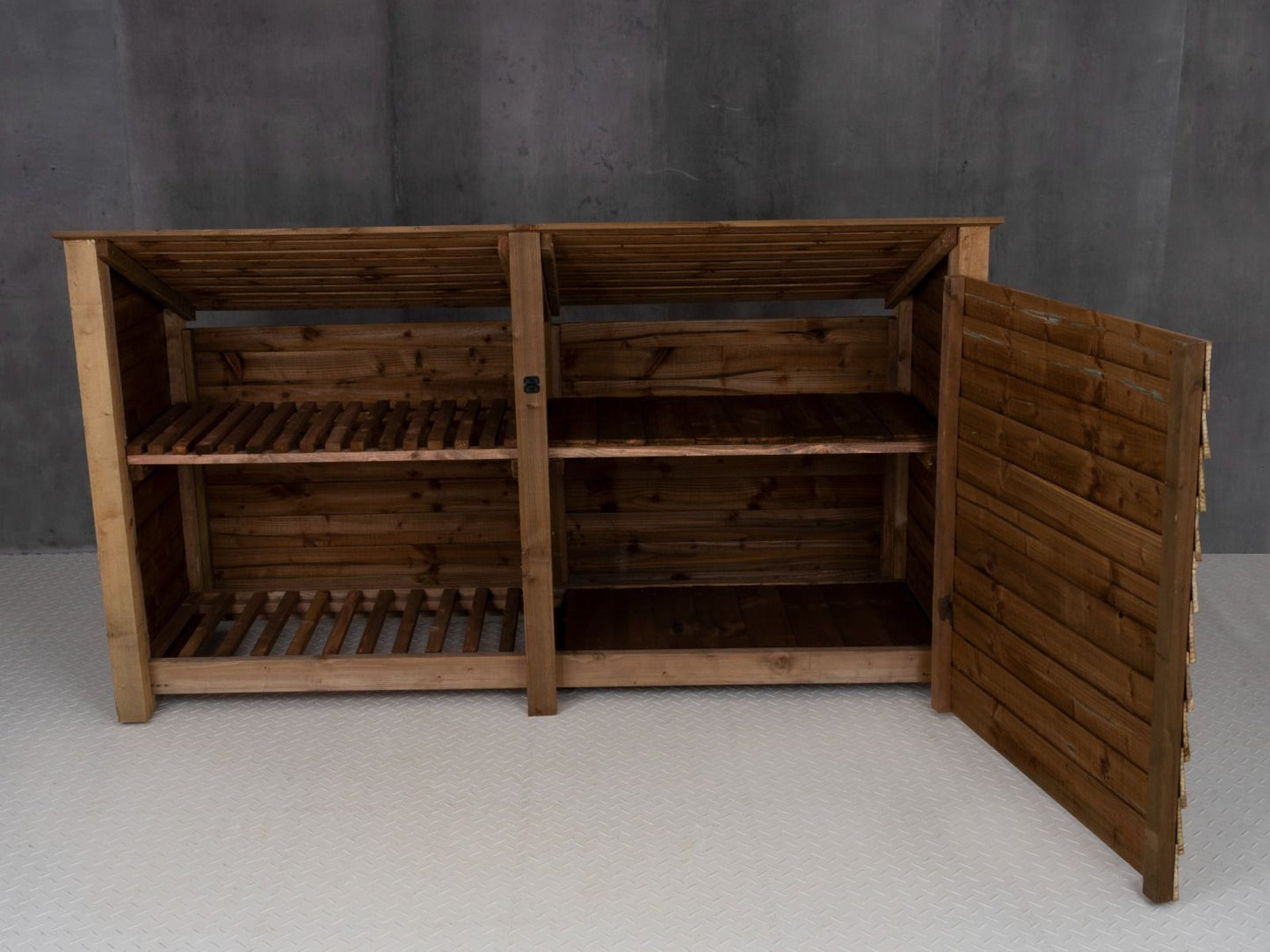 Wooden Garden Tool Storage (Roof Sloping Back) with Shelf W-227cm, H-126cm or 180cm, D-88cm - Brown Finish