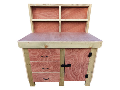 Wooden Eucalyptus hardwood top workbench, cabinet with lockable cupboard (V.3) with back and double shelf