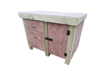 Wooden Eucalyptus hardwood top workbench, cabinet with lockable cupboard (V.3)