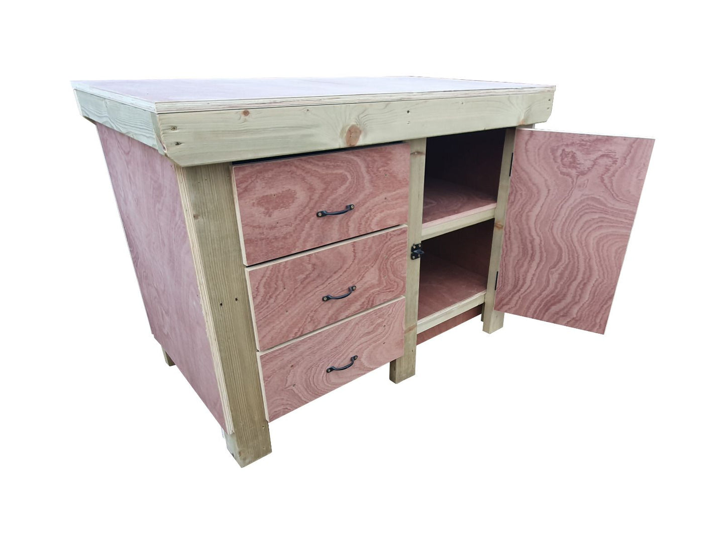Wooden Eucalyptus hardwood top workbench, cabinet with lockable cupboard (V.3) double shelf