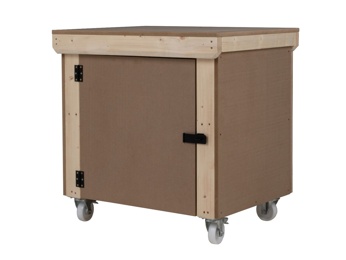 Wooden MDF Top Workbench With Lockable Cupboard (V.9) double shelf and wheels