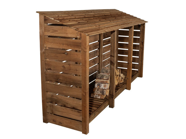 Slatted Wooden Log Store W-335cm, H-126cm or 180cm, D-88cm - Brown Finish