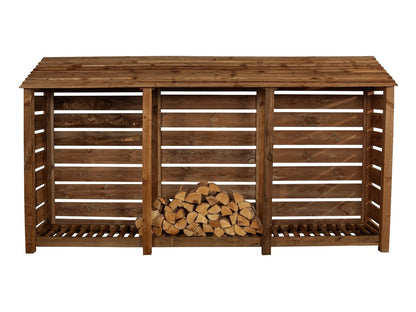 Slatted Wooden Log Store W-335cm, H-126cm or 180cm, D-88cm - Brown Finish