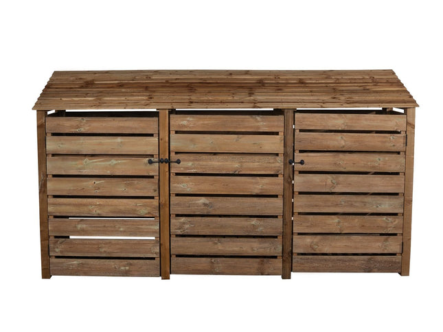 Slatted Wooden Log Store with Doors and Shelf W-335cm, H-126cm or 180cm, D-88cm - Brown Finish