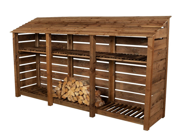 Slatted Wooden Log Store with Shelf W-335cm, H-126cm or 180cm, D-88cm - Brown Finish