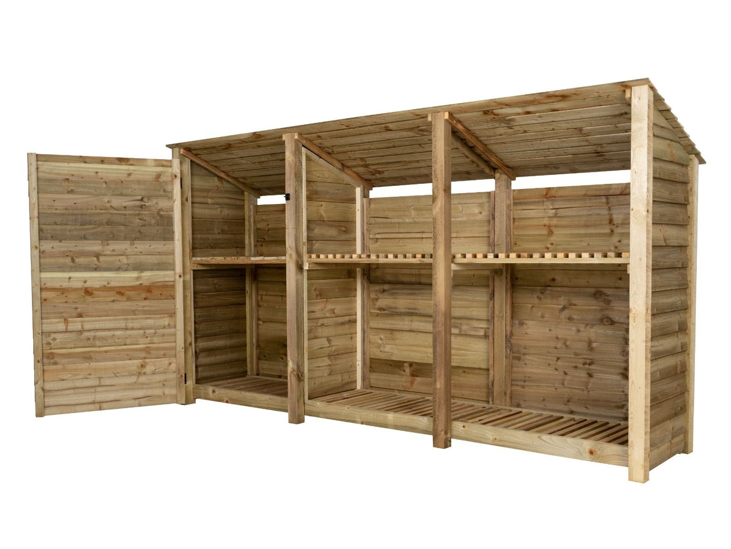 Wooden Garden Tool Storage (Roof Sloping Back) with Shelf W-335cm, H-126cm or 180cm, D-88cm