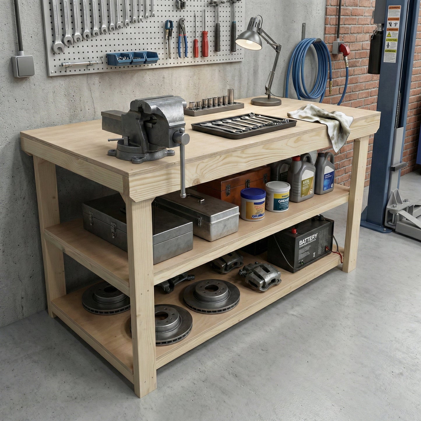 Wooden Workbench Eucalyptus Hardwood Top Depth-3ft with Double Shelf