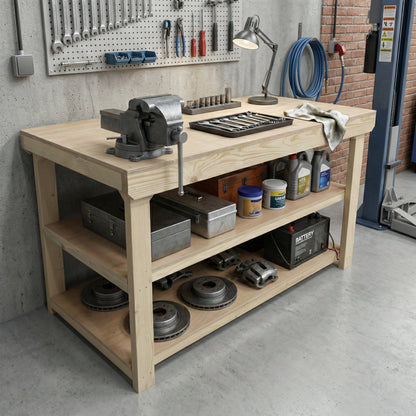 Wooden Workbench Eucalyptus Hardwood Top Depth-3ft with Double Shelf
