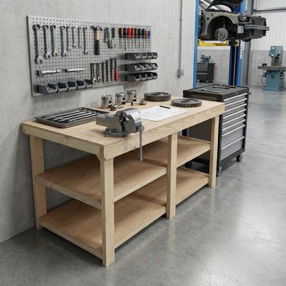 Wooden Workbench Eucalyptus Hardwood Top Depth-3ft with Double Shelf