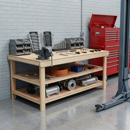 Wooden Workbench Eucalyptus Hardwood Top Depth-4ft with Double Shelf