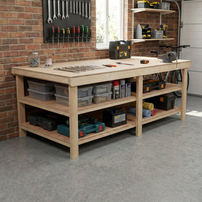 Wooden Workbench Eucalyptus Hardwood Top Depth-4ft with Double Shelf