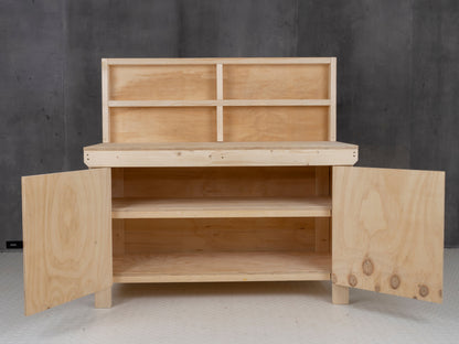 Wooden Plywood Top Workbench With Lockable Cupboard (V.9) With back panel, Double Shelf
