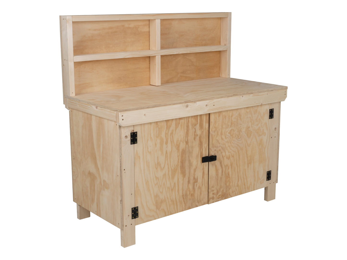 Wooden Plywood Top Workbench With Lockable Cupboard (V.9) With back panel, Double Shelf