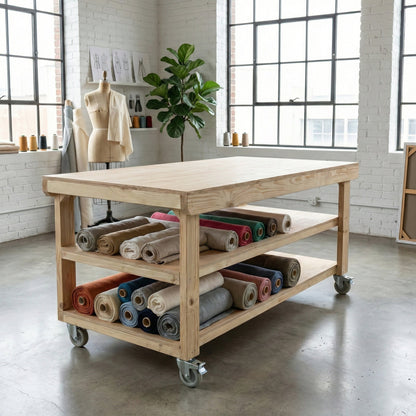 Wooden Workbench Eucalyptus Hardwood Top Depth-4ft Double Shelf and Wheels