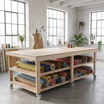 Wooden Workbench Eucalyptus Hardwood Top Depth-4ft Double Shelf and Wheels