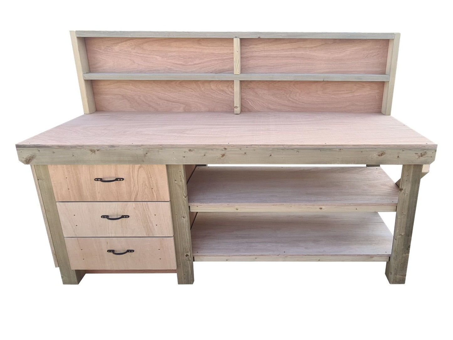 Wooden Eucalyptus top tool cabinet workbench with storage shelf (V.7) with back panel and double shelf