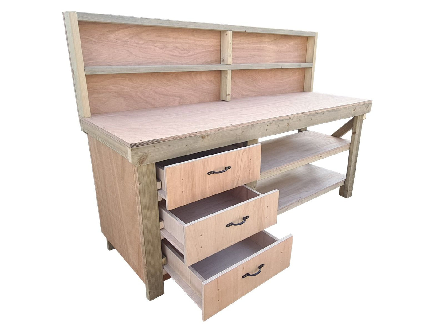 Wooden Eucalyptus top tool cabinet workbench with storage shelf (V.7) with back panel and double shelf