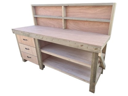 Wooden Eucalyptus top tool cabinet workbench with storage shelf (V.7) with back panel and double shelf