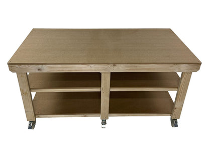 Wooden Workbench MDF Top Depth-4ft With Wheels and Double Shelf