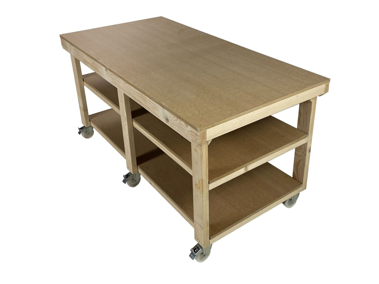 Wooden Workbench MDF Top Depth-4ft With Wheels and Double Shelf