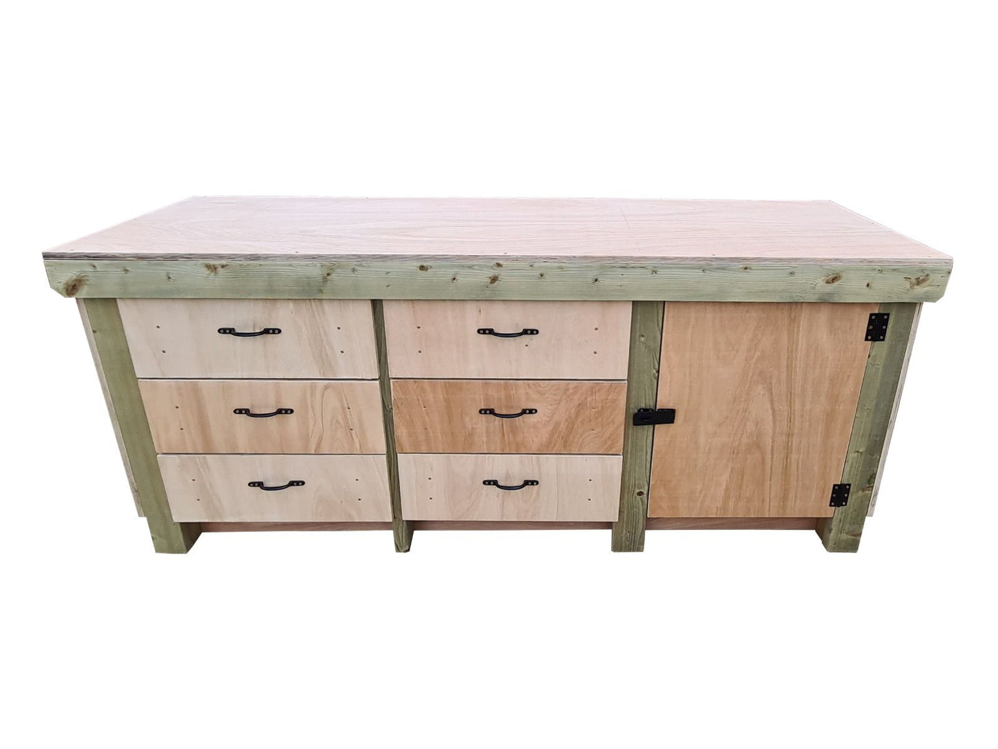 Wooden Eucalyptus hardwood top workbench, cabinet with lockable cupboard (V.3)