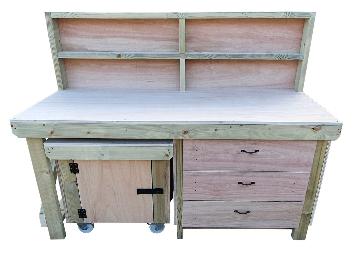 Wooden Eucalyptus hardwood top workbench with drawers and functional lockable cupboard (V.6) with back