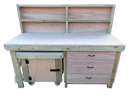 Wooden Eucalyptus hardwood top workbench with drawers and functional lockable cupboard (V.6) with back