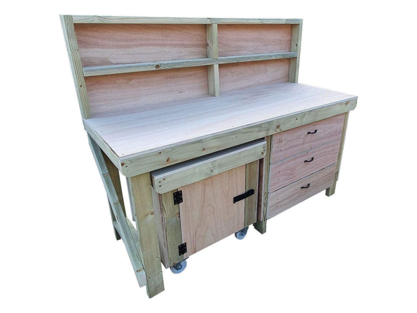 Wooden Eucalyptus hardwood top workbench with drawers and functional lockable cupboard (V.6) with back