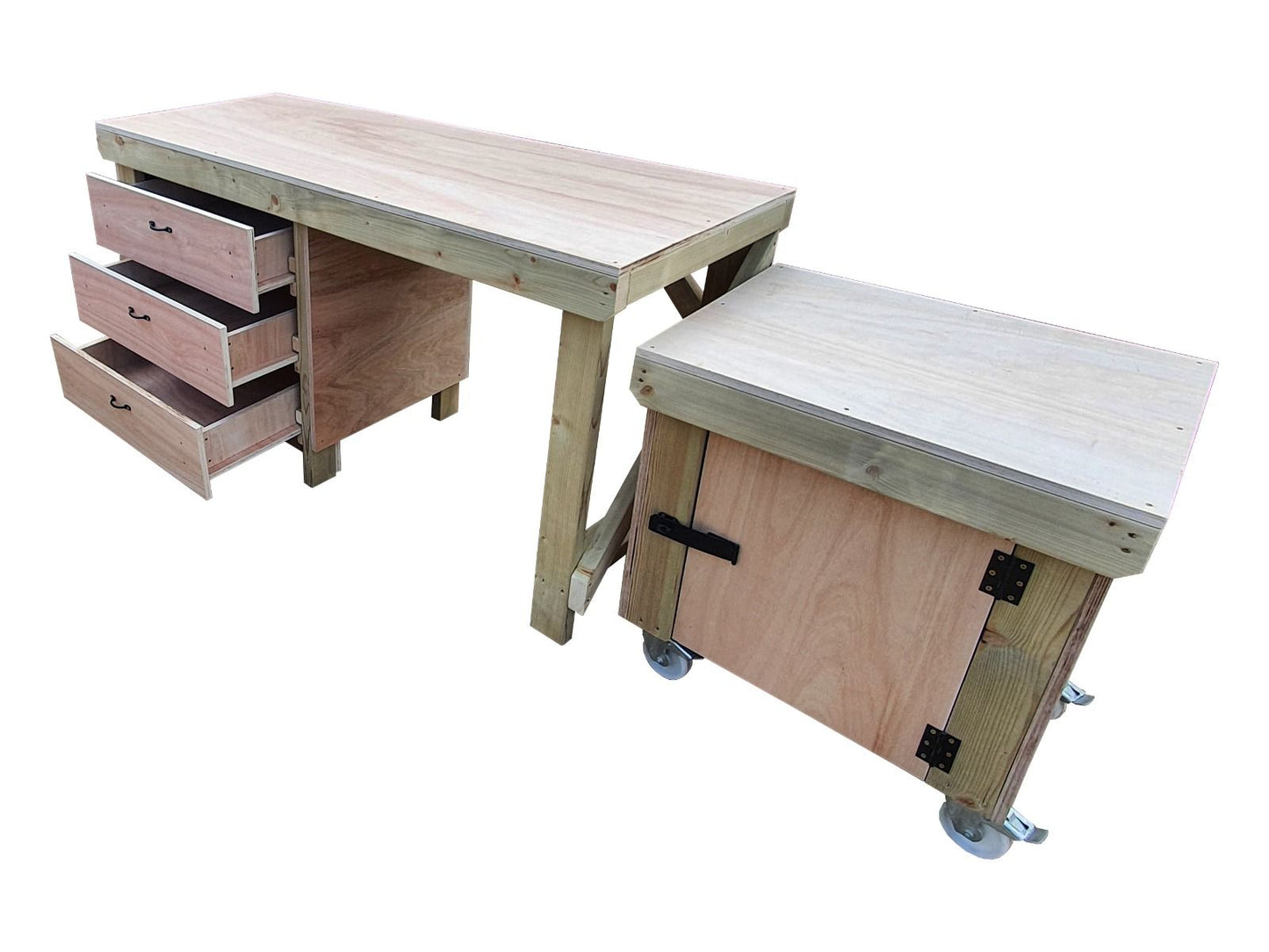 Wooden Eucalyptus hardwood top workbench with drawers and functional lockable cupboard (V.6)