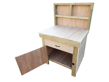 Wooden Eucalyptus hardwood top storage workbench with lockable cupboard and drawers (V.4) with back